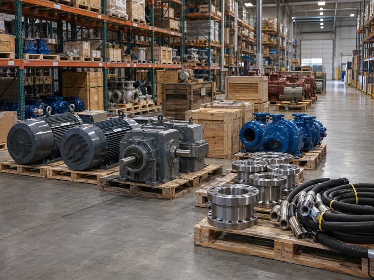 Motores eléctricos, reductores y bombas industriales en bodega