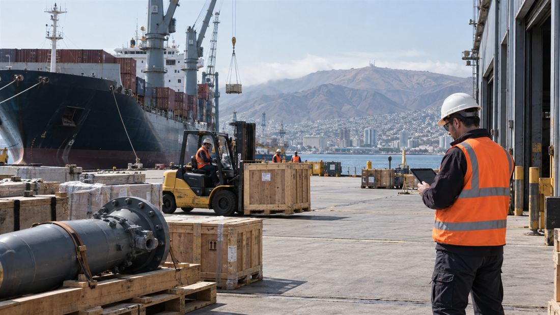 Carga industrial en puerto chileno con grúas y contenedores